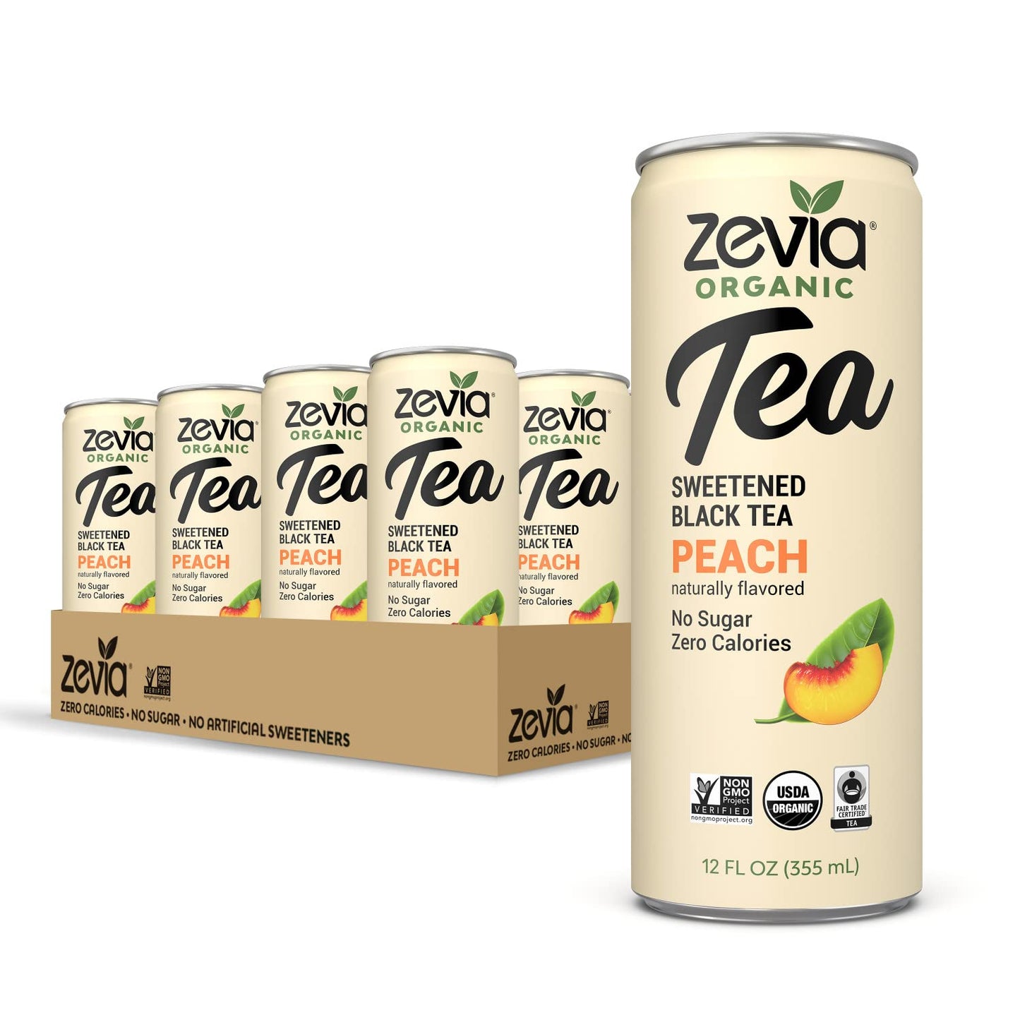 Zevia peach zero sugar tea, 12 fl oz, 12 pack