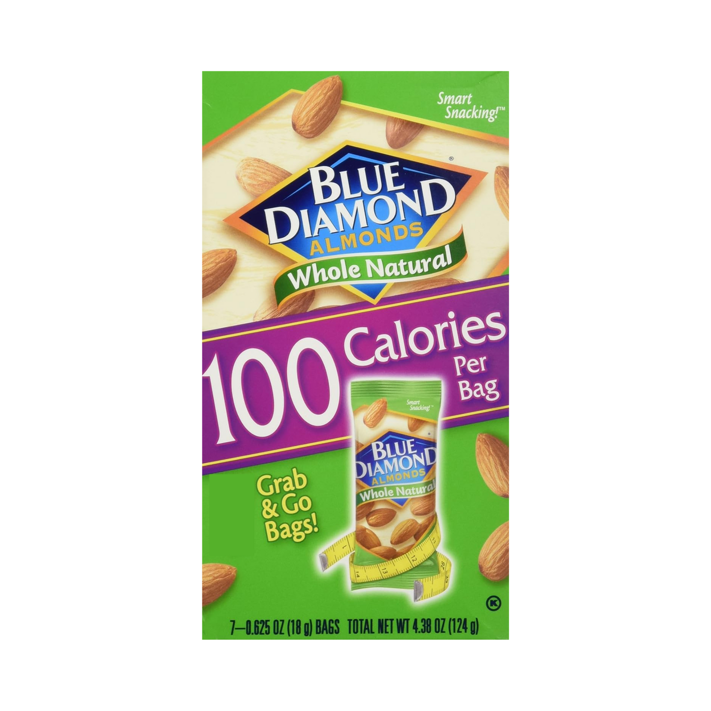 Blue Diamond Almonds 100 Calories Whole Natural, 4.38 oz, 6 Pack